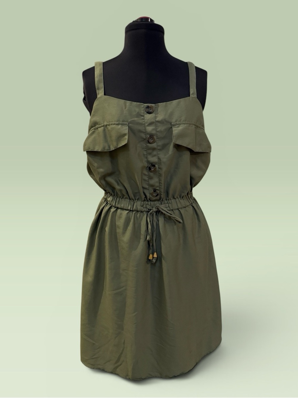 Olive Green Sleeveless Drawstring Sundress